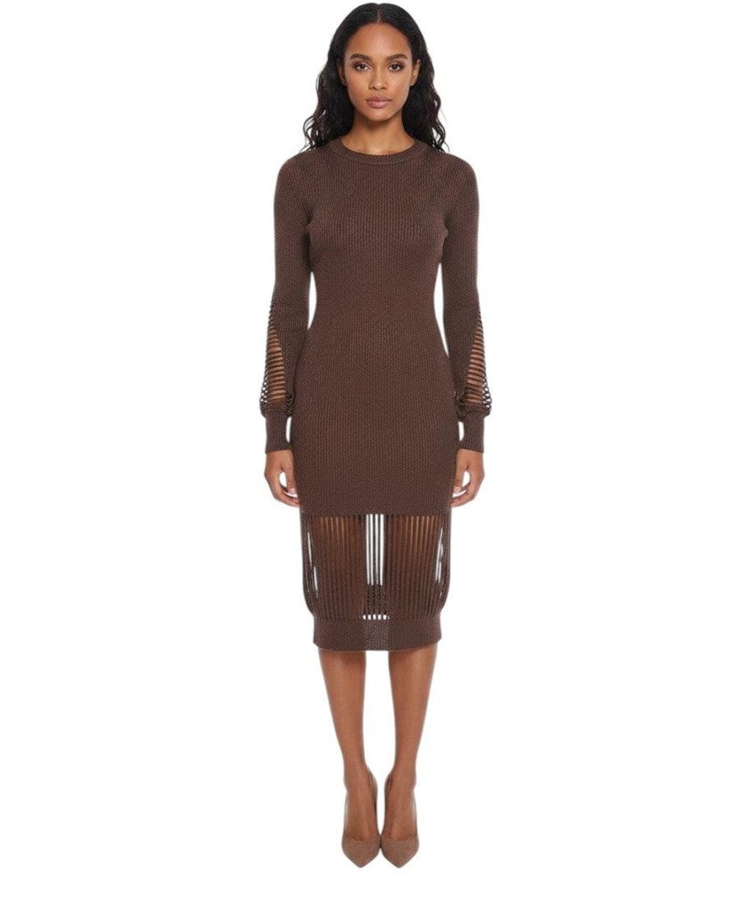 Bottega Veneta Brown Knitted Crew Neck Midi Dress