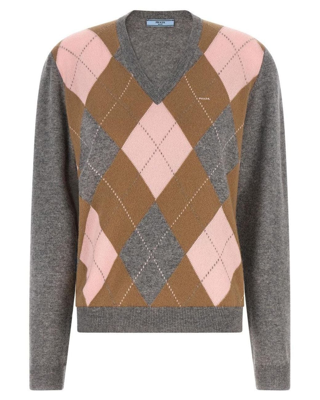 Prada Gray Checks V Neck Sweater