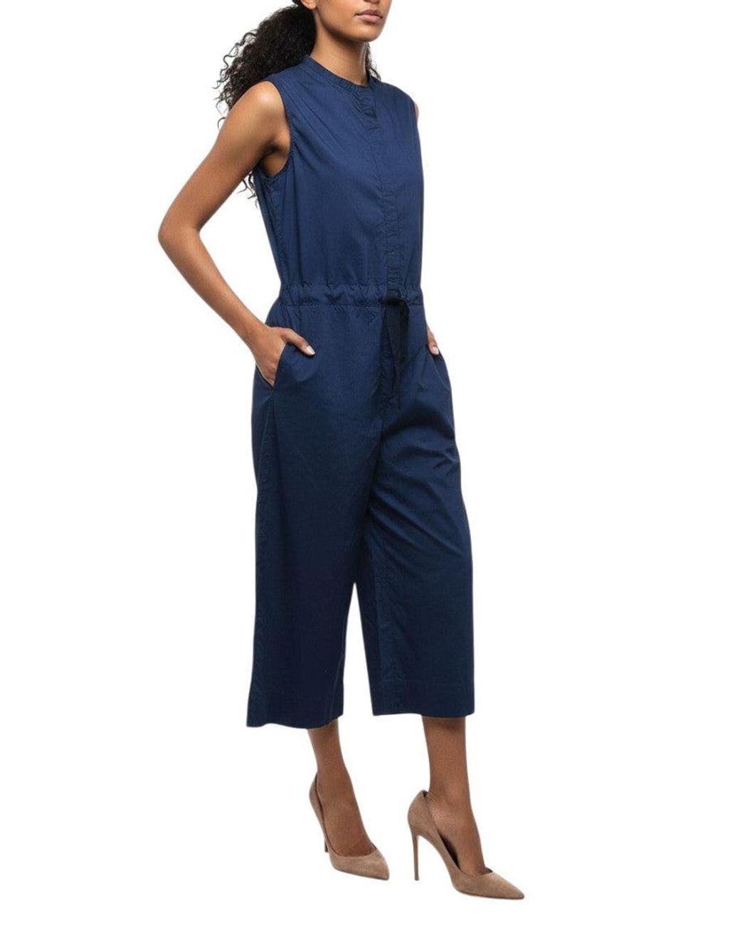 Woolrich Blue Solid Band Collar Jumpsuit