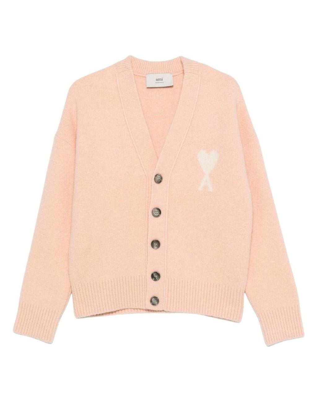 AMI Pink Knitted Logo Cardigan for men