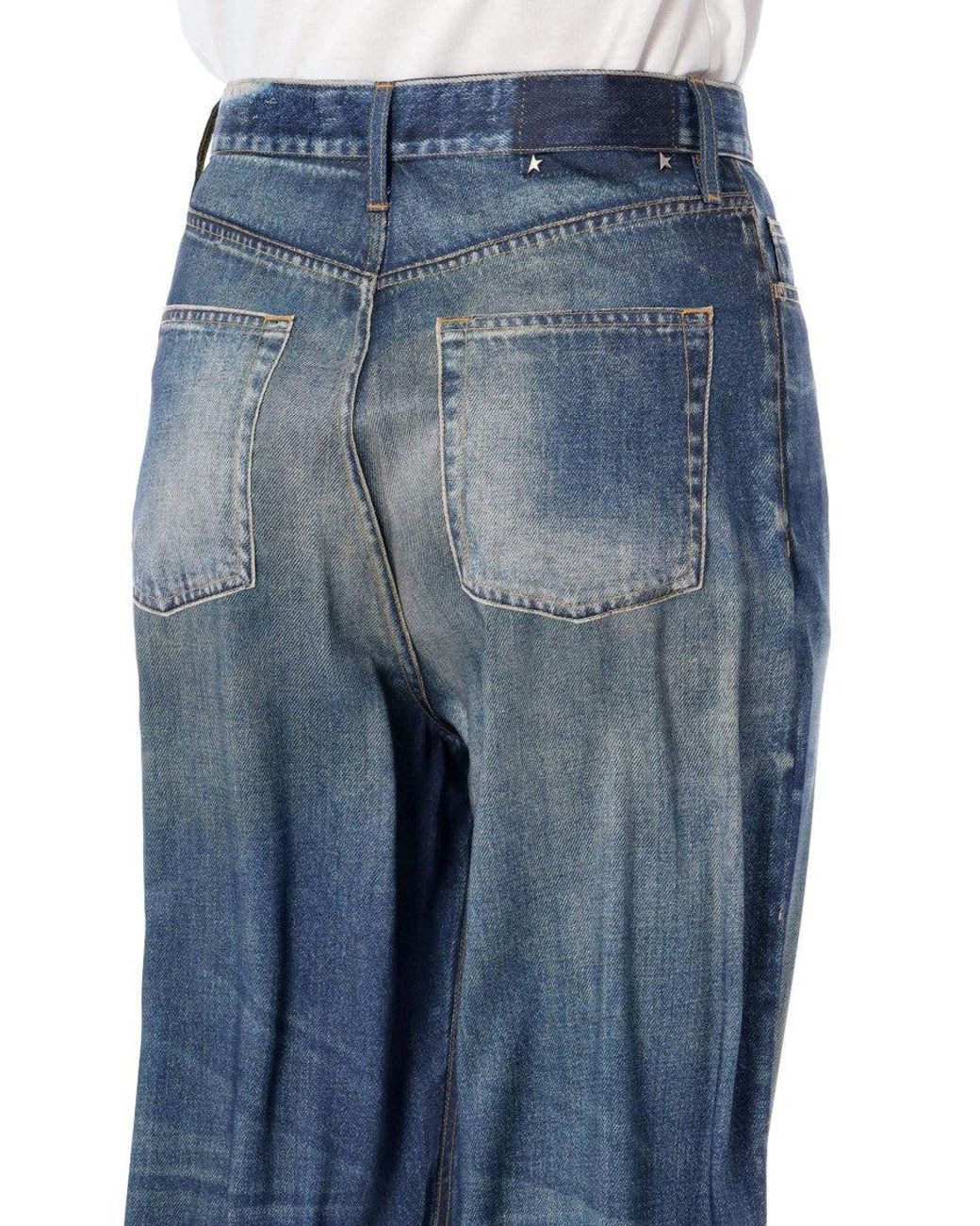 Golden Goose Deluxe Brand Blue Denim Printed Satin Boyfriend Pants