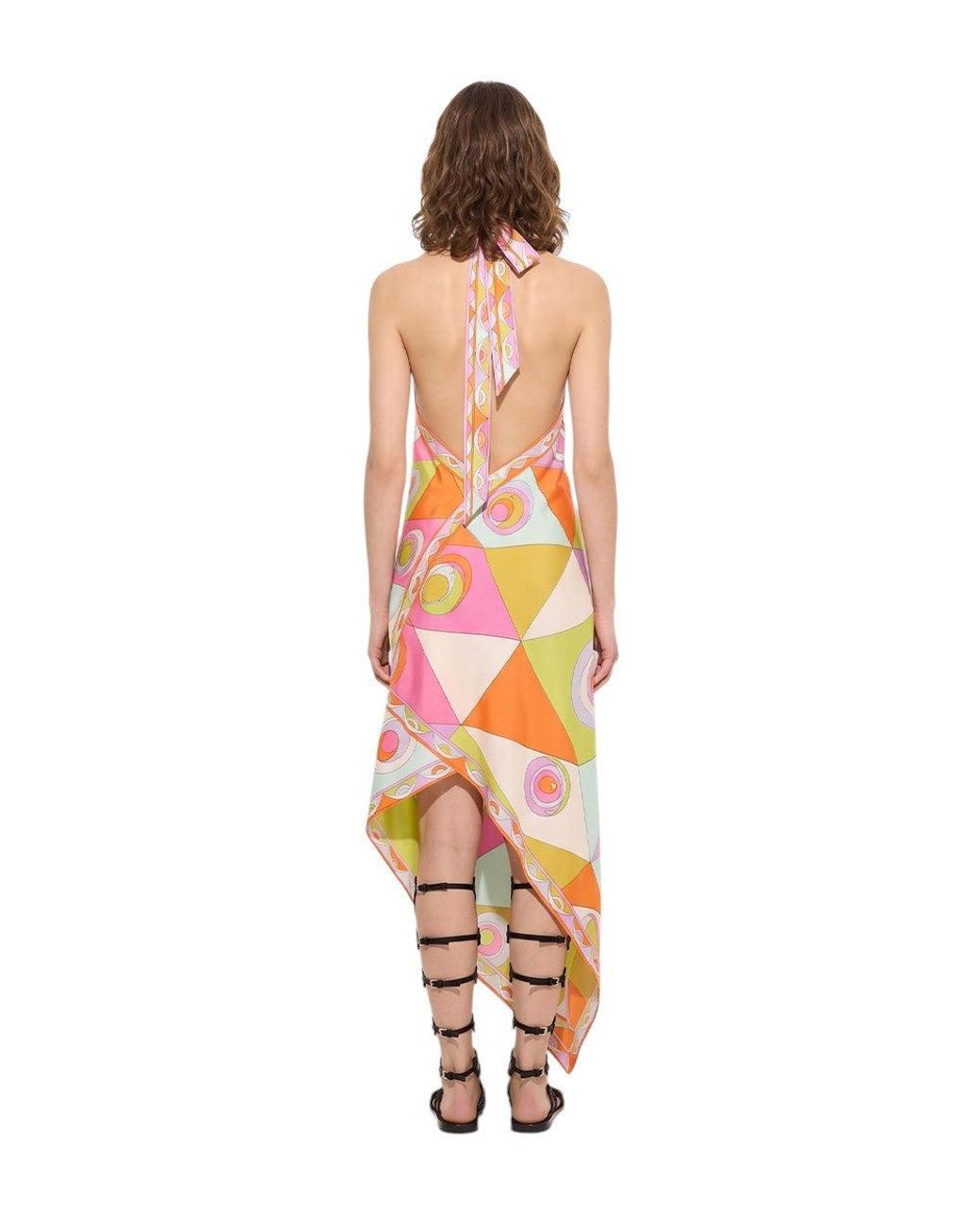 Emilio Pucci White Multi Color Halter Neck Maxi Dress