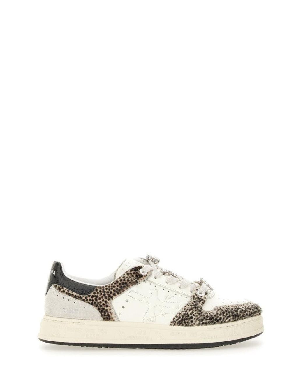 Premiata White Low-Top Sneaker With Spotted Animal Print And Textured Sole