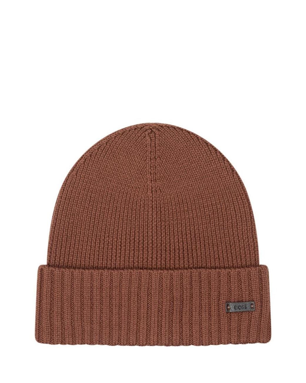 Boss Brown Knitted Logo Beanie Cap for men