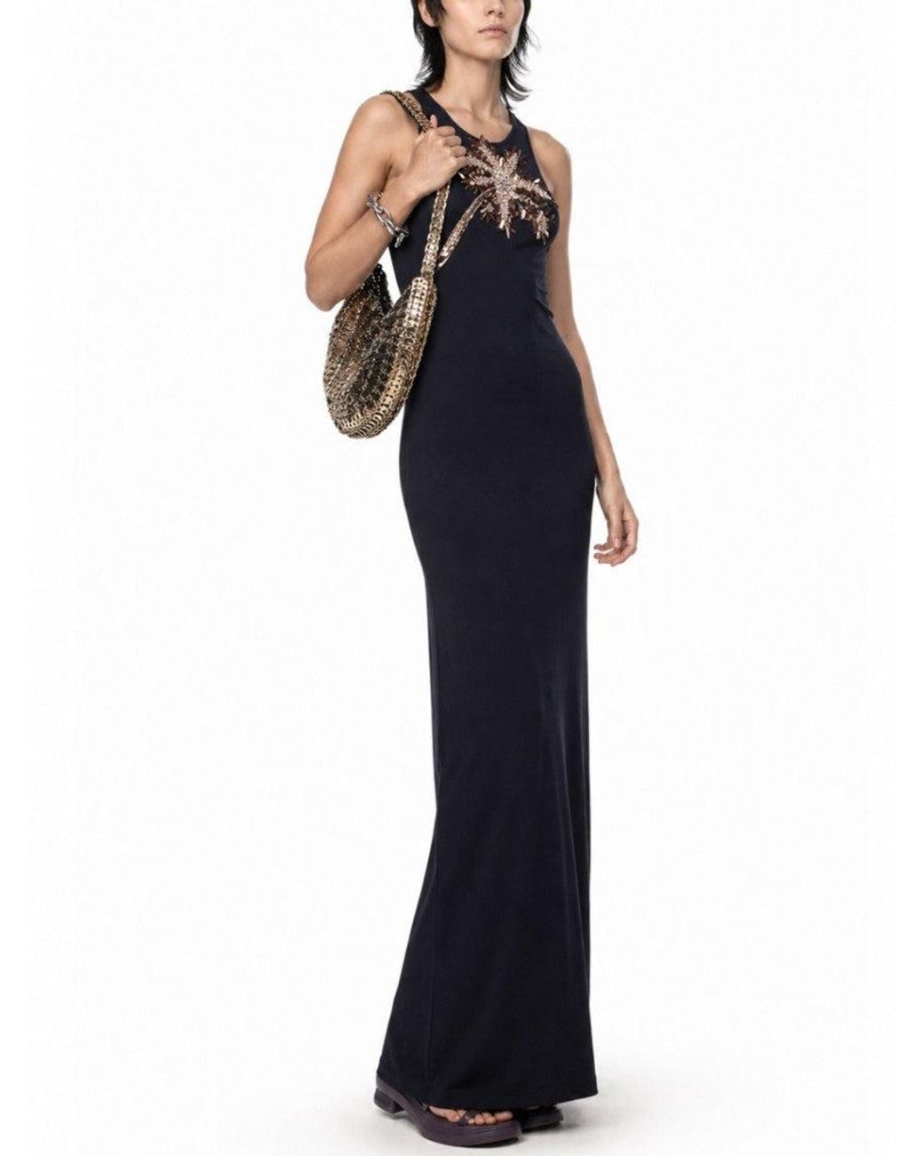 Rabanne Black Embellished Round Neck Maxi Dress