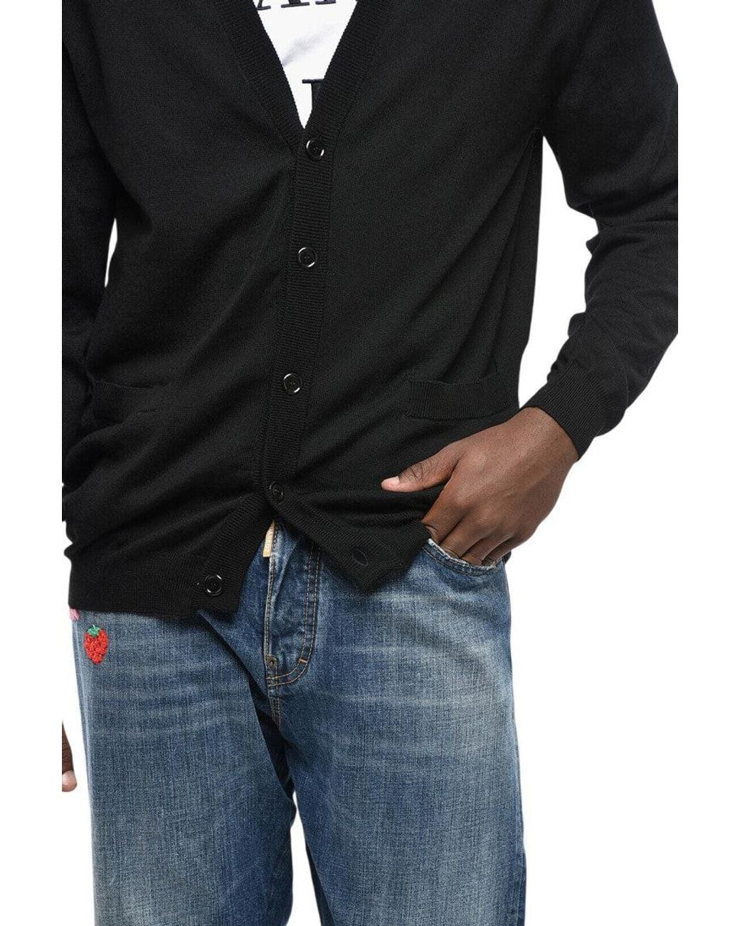 Moschino Black Textured V Neck Cardigan for men