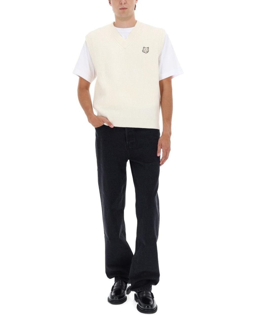 Maison Kitsuné White Knitted V Neck Sweater for men