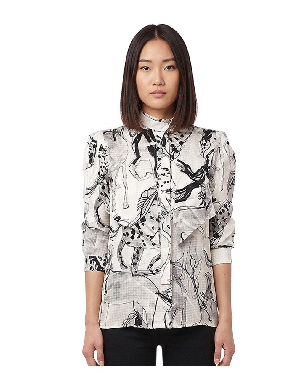 Stella McCartney Gray Blackwhite Printed Mock Collar Top
