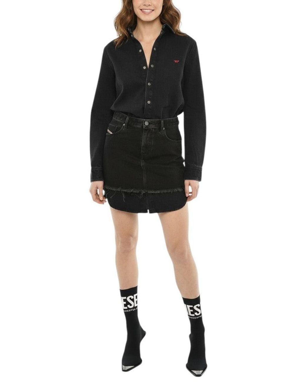 DIESEL Black Solid Shirt Collar Mini Dress