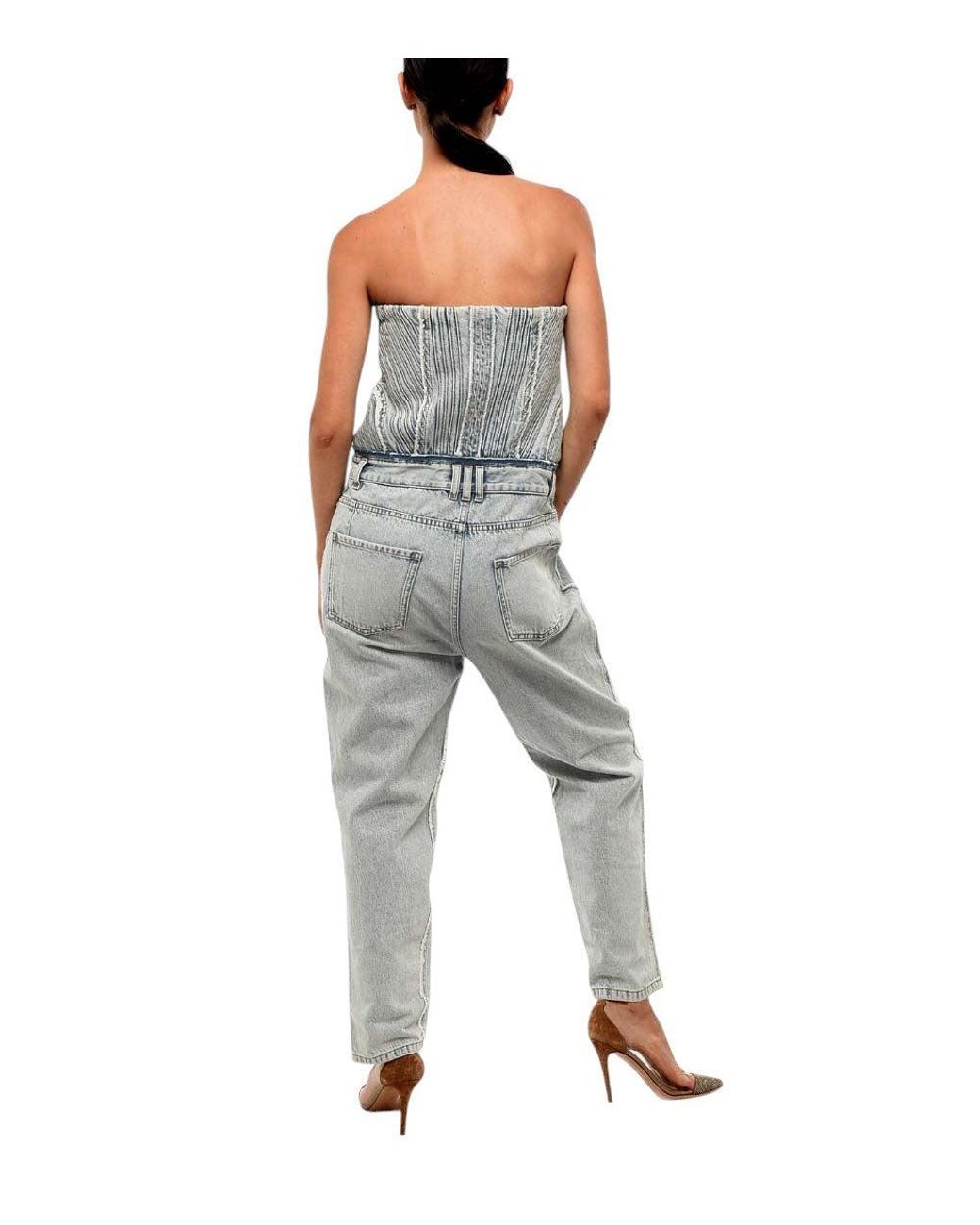 Balmain Blue Strapless Full Length Jumpsuit