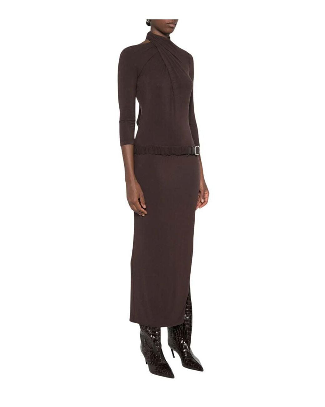 The Attico Brown Mock Collar Midi Dress