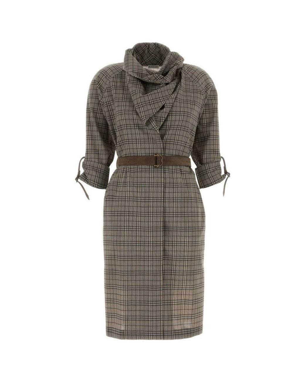 Burberry Gray Shawl Neck Check Knee Length Dress