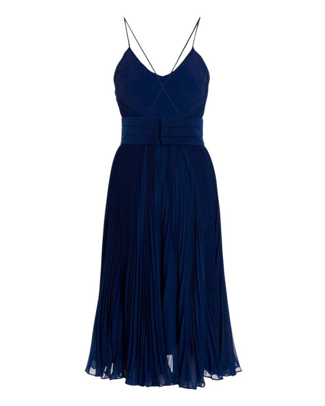 Max Mara Blue Pleated V Neck Midi Dress