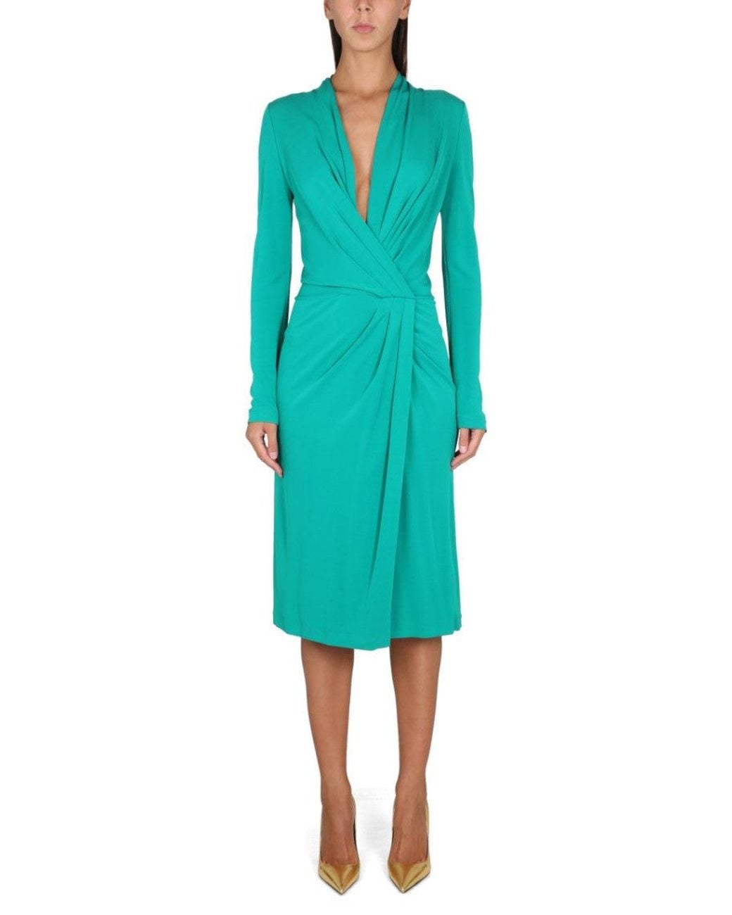 Alberta Ferretti Green V Neck Midi Dress