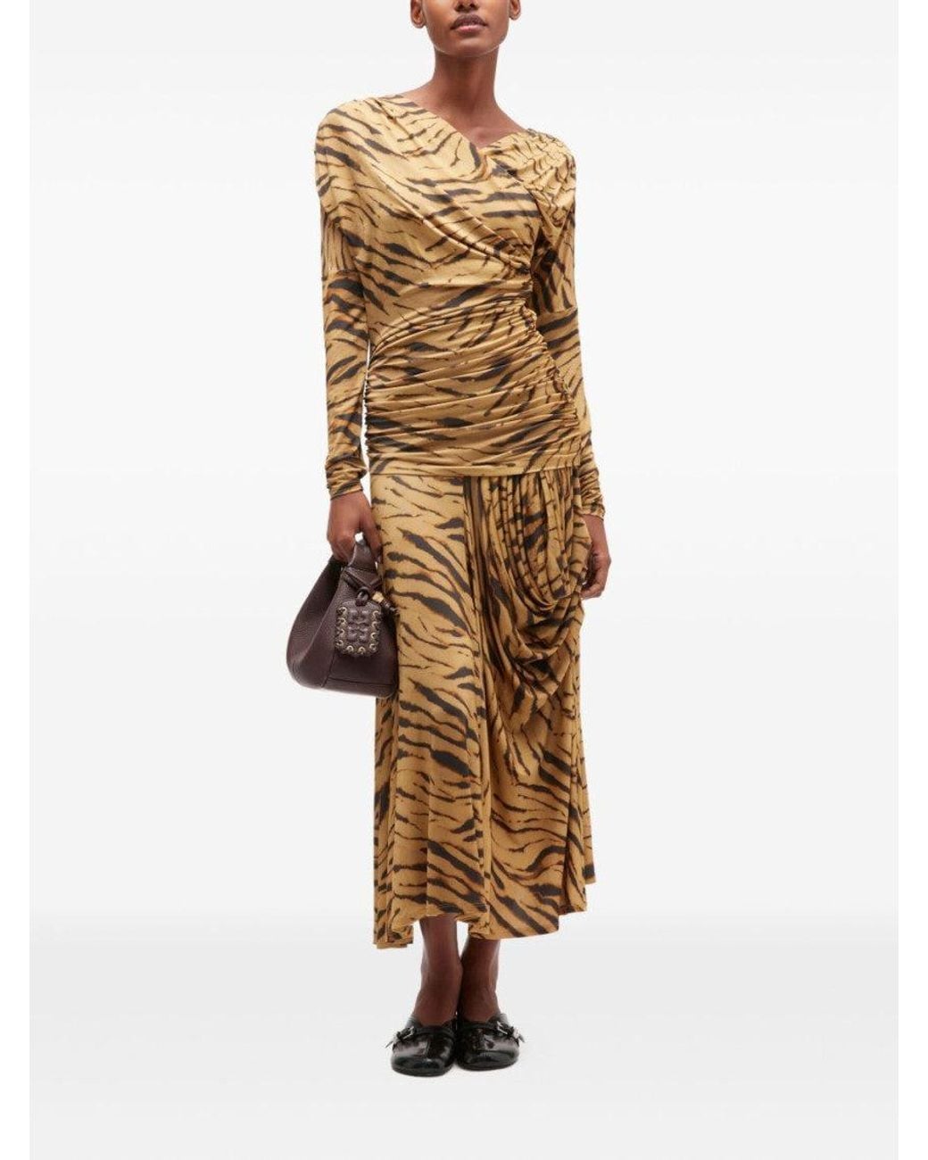 Ganni Metallic Khaki Tiger Print Ruched Dress