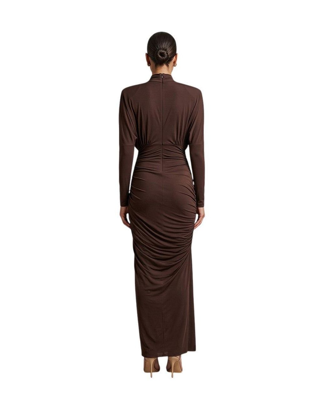 Balmain Brown Mock Collar Long Dress