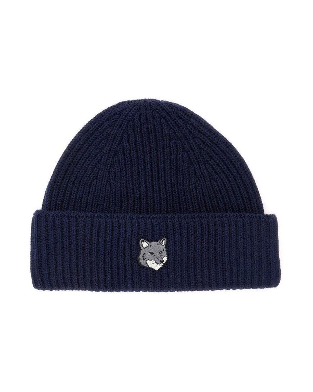 Maison Kitsuné Blue Embroidered Logo Beanie Cap for men