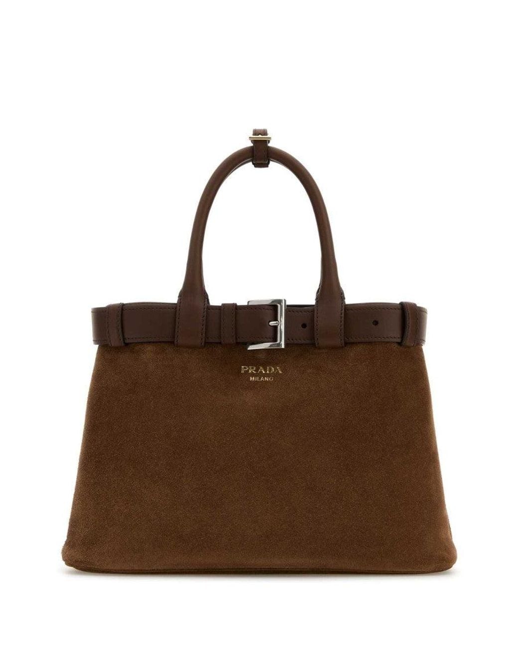 Prada Brown Buckle Belt Suede Medium Satchel Bag