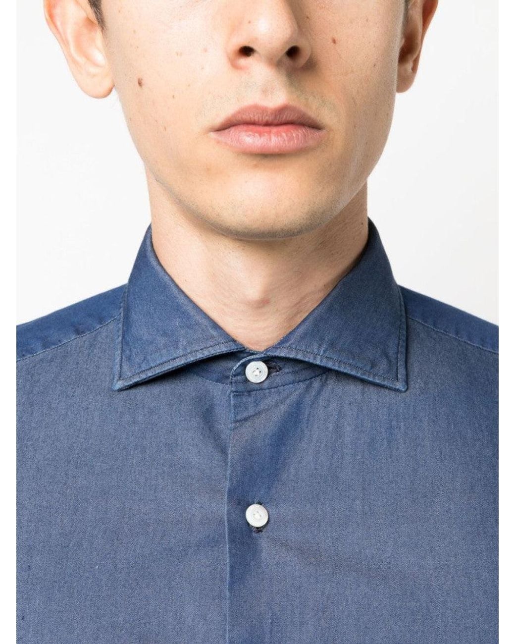 Finamore 1925 Blue Regular Fit Denim Shirt for men