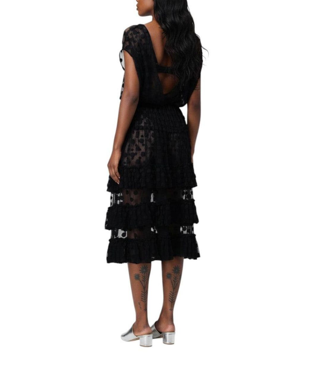 Dries Van Noten Black Polka Dot V Neck Midi Dress