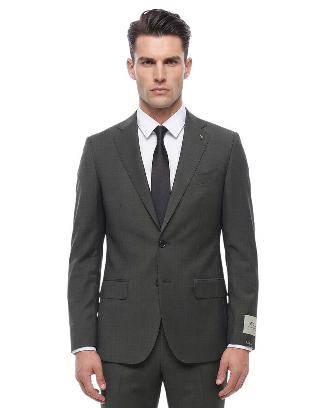 Corneliani Black Charcoal Notched Lapel Suit for men