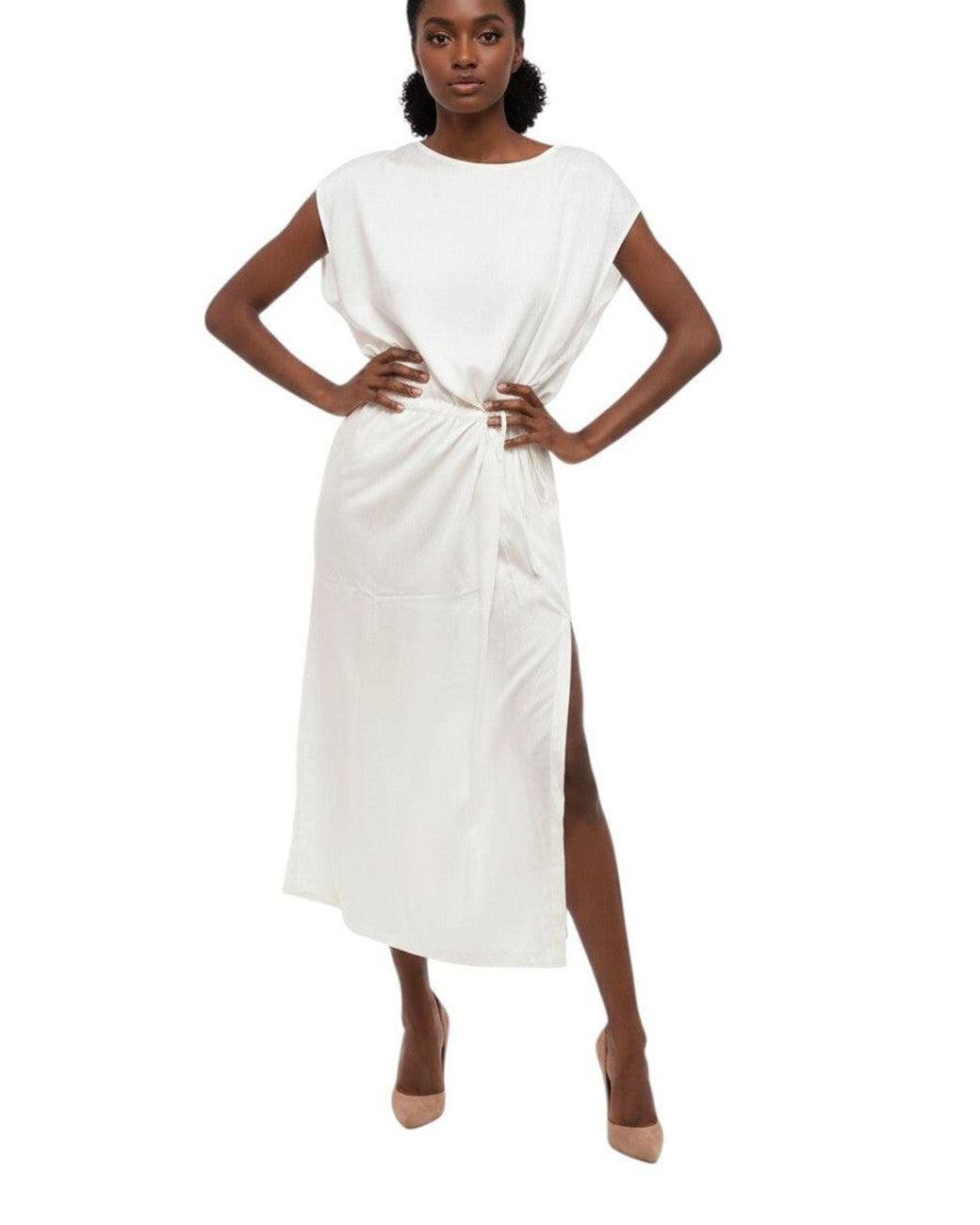 Woolrich White Solid Round Neck Midi Dress