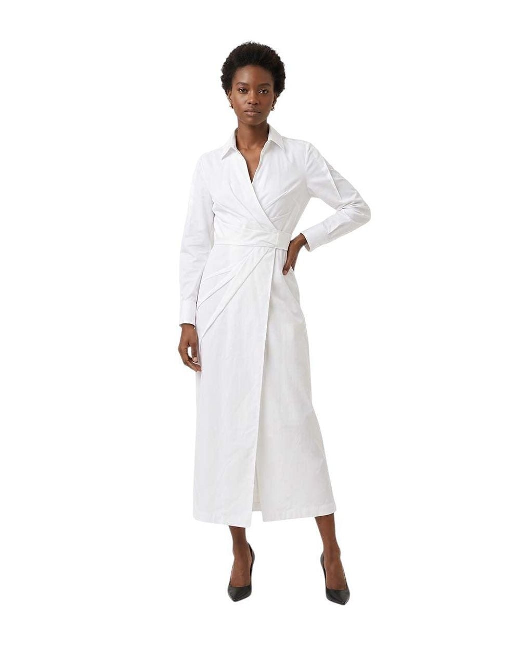 Max Mara White Solid Shirt Collar Midi Dress