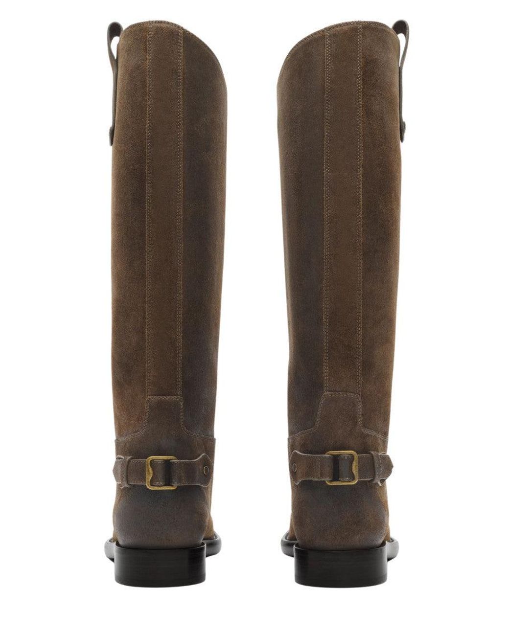 Burberry Brown Cavalier Knee-High Suede Boot With Ankle Buckle And Visible Stitching