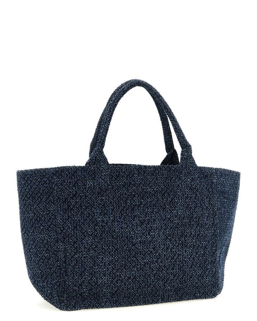 Ganni Blue Embroidered Tweed Denim Tote Bag