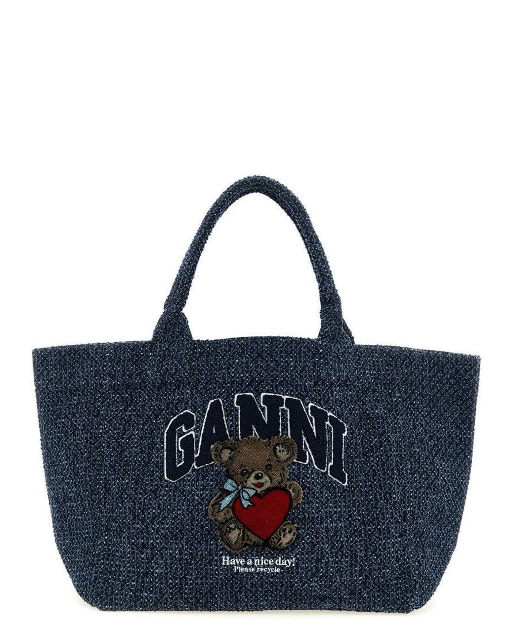 Ganni Blue Embroidered Tweed Denim Tote Bag