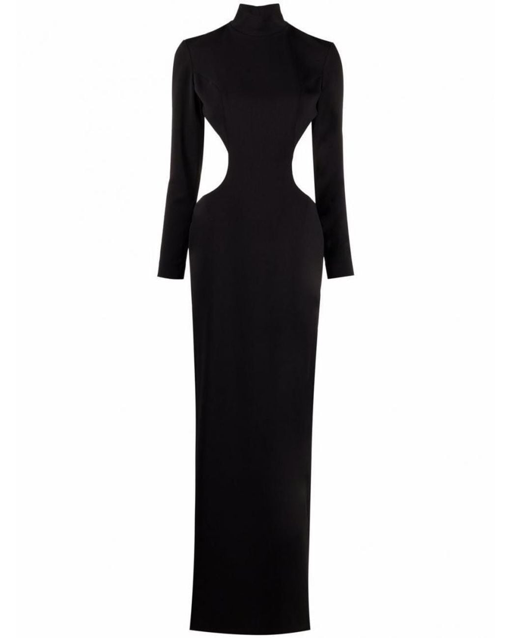 Monot Black Slit Detail Silk Crepe Long Dress