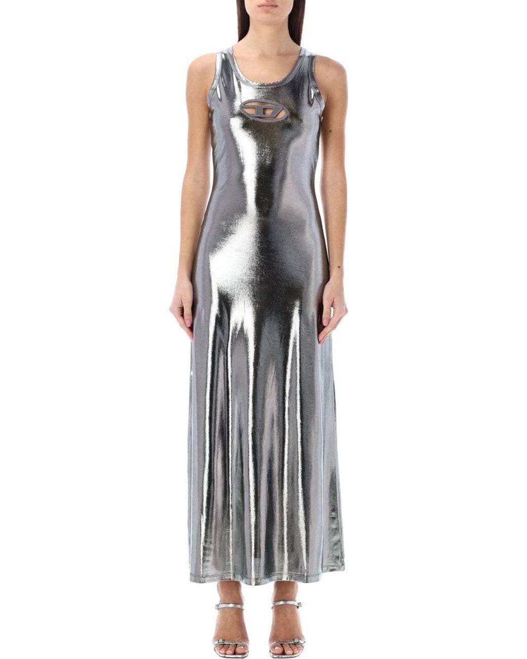 DIESEL Metallic Logo Round Neck Maxi Dress