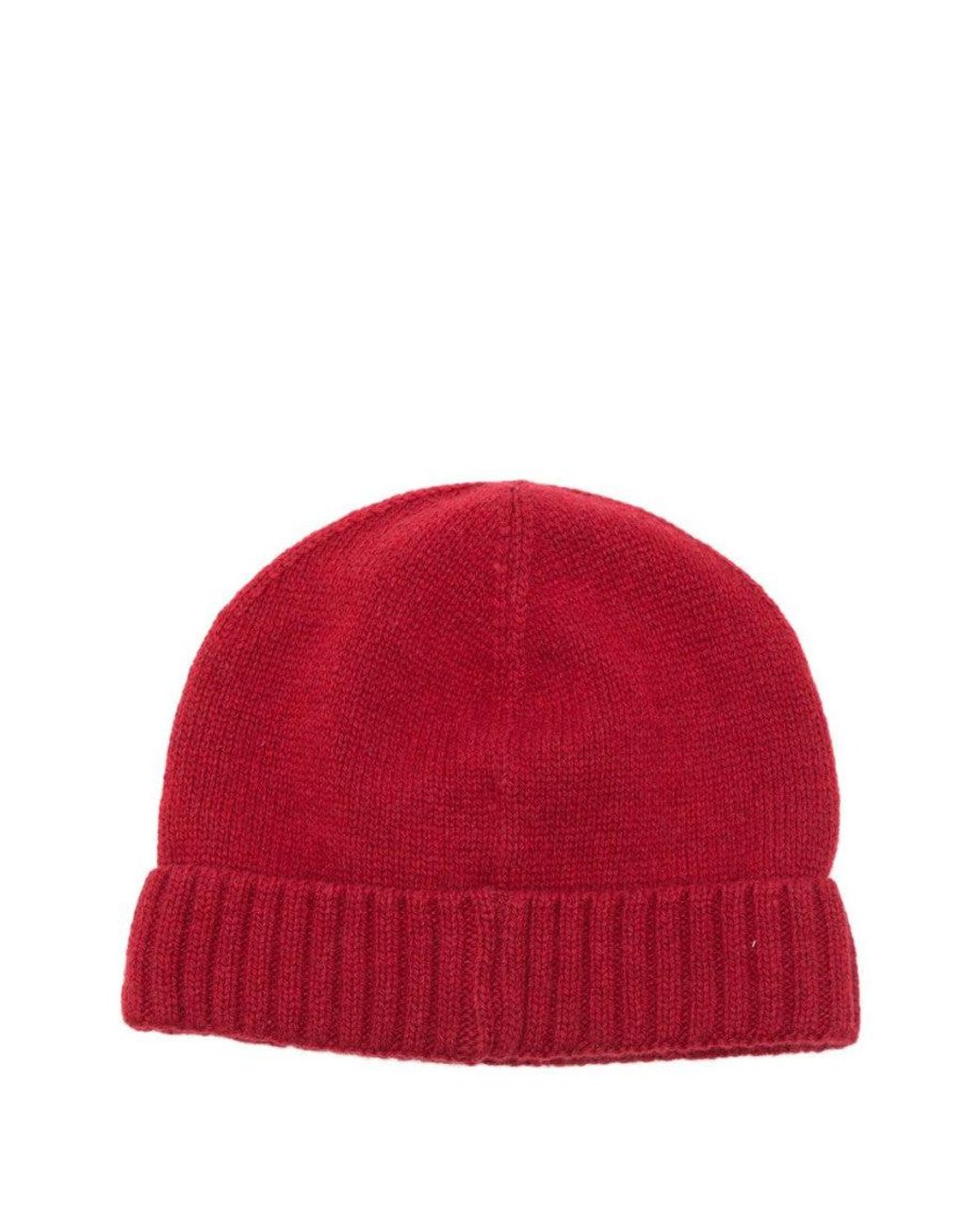 Borsalino Red Cashmere Beanie Hat With Cuffed Brim And Logo Patch