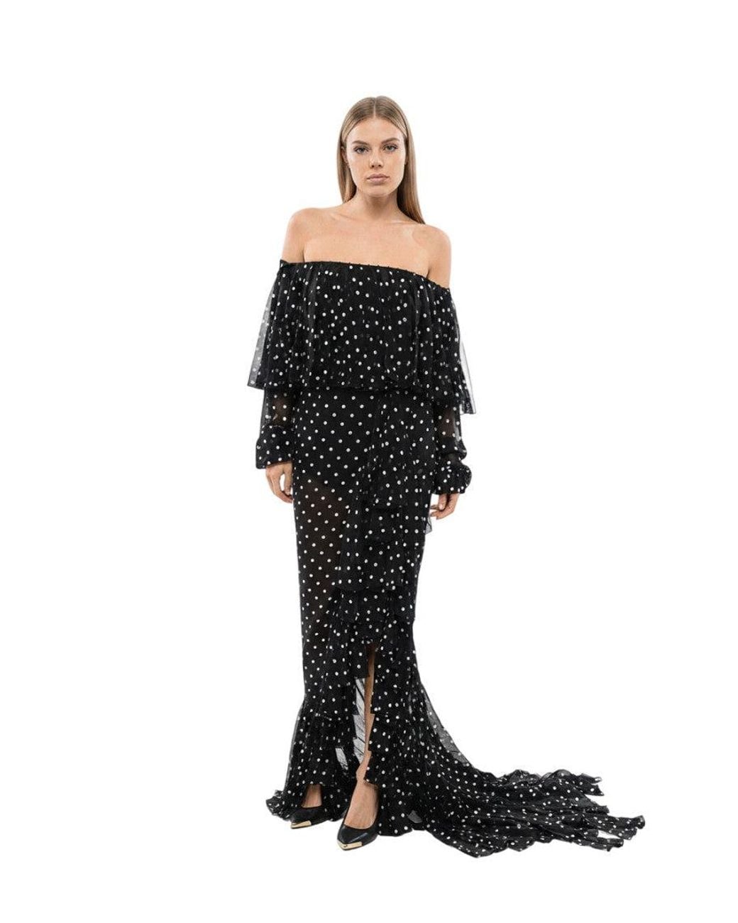Balmain Black Polka Dot Off Shoulder Maxi Dress