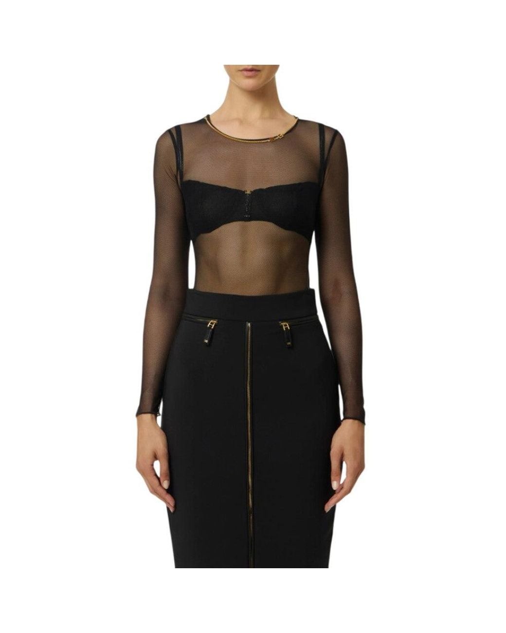 Elisabetta Franchi Black Solid Round Neck Top
