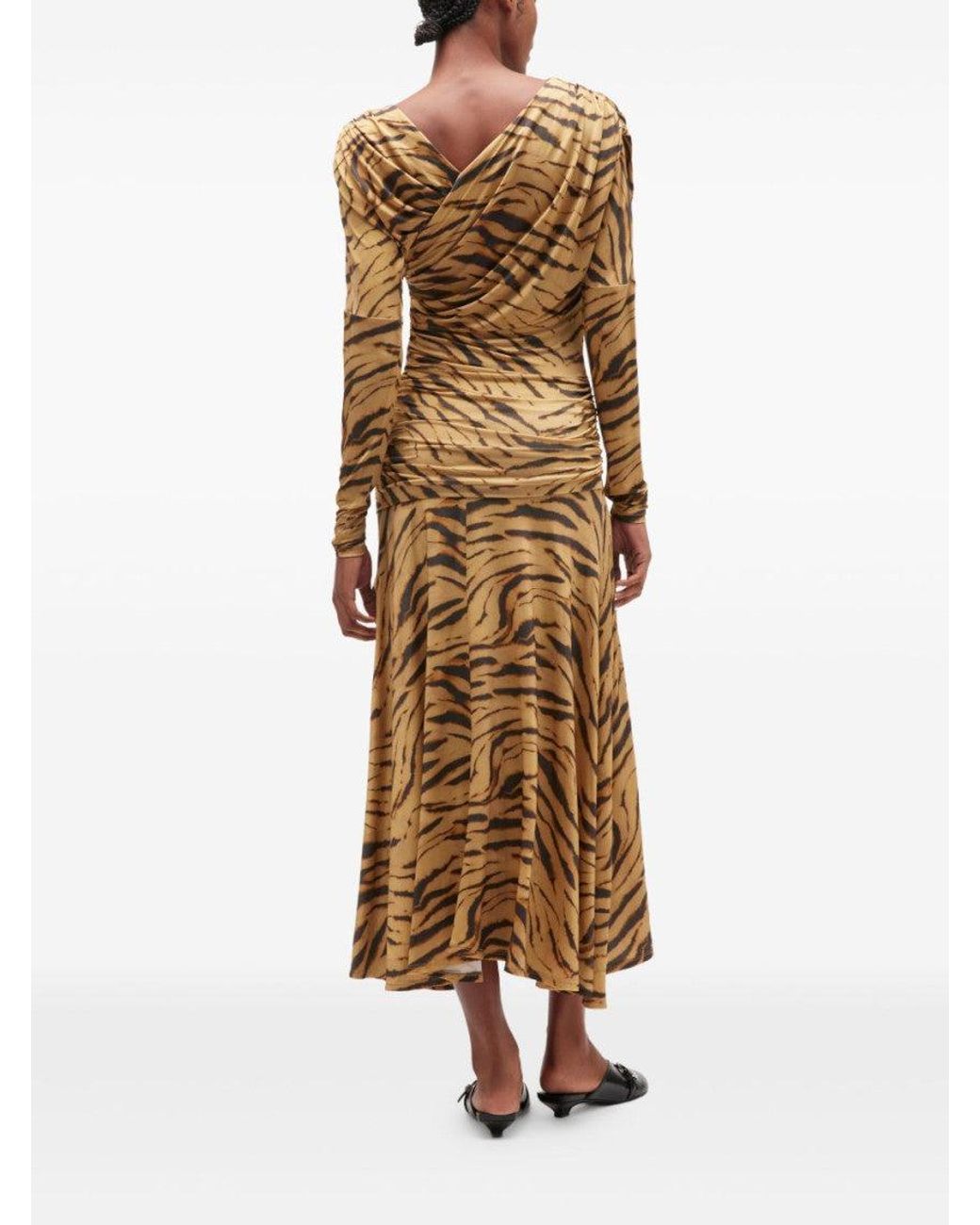 Ganni Metallic Khaki Tiger Print Ruched Dress