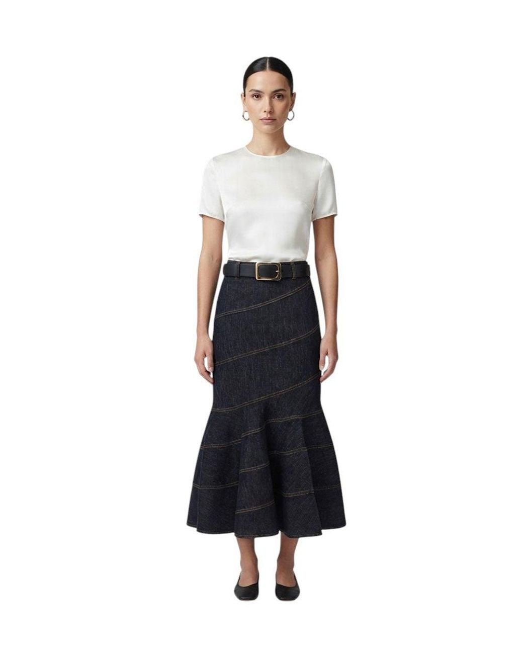 Self-Portrait White Solid Midi Skirt