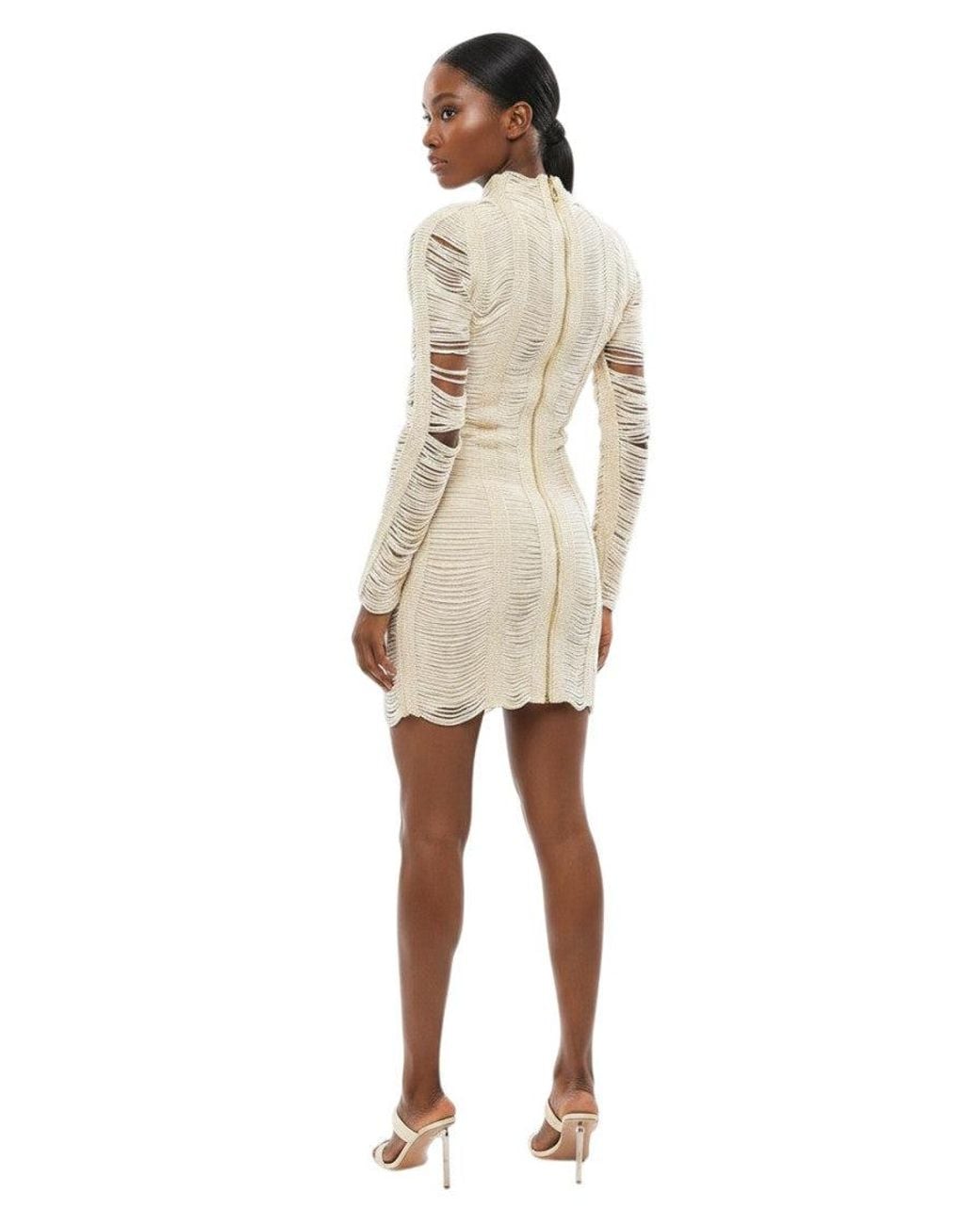 Balmain Natural Textured Mock Collar Mini Dress