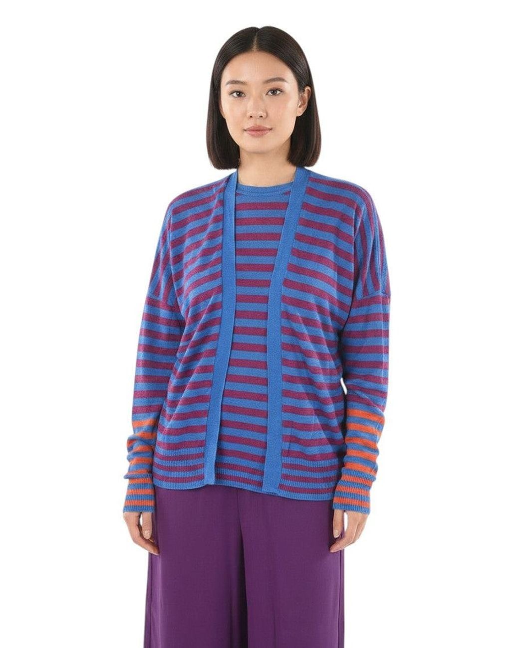 Woolrich Blue Linen Striped Open-Front Cardigan