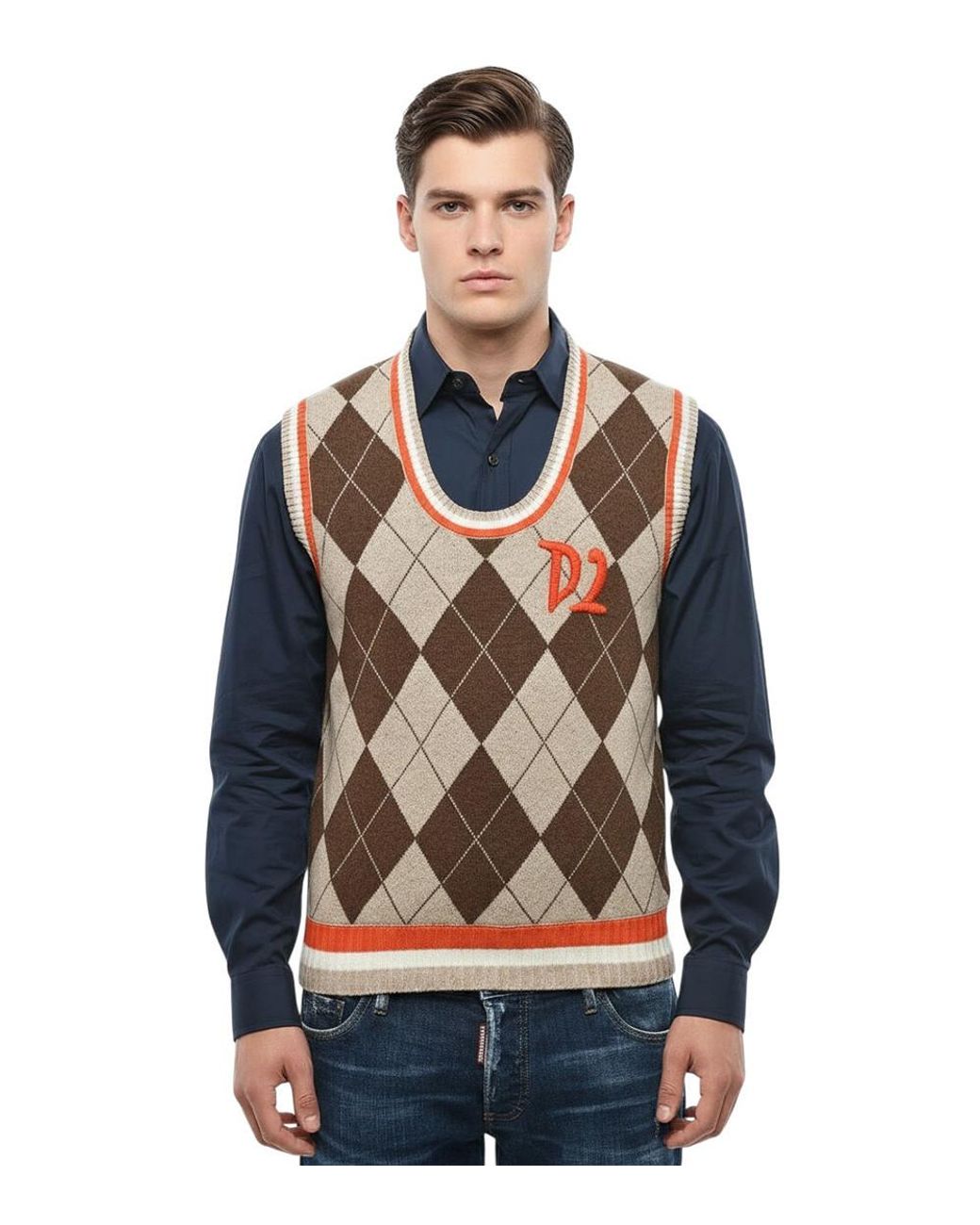 DSquared² Blue Checked Scoop Neck Sweater for men