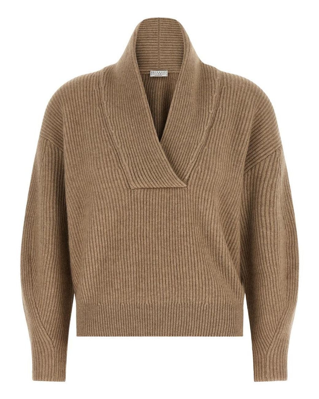 Brunello Cucinelli Natural Knitted Shawl Neck Sweater