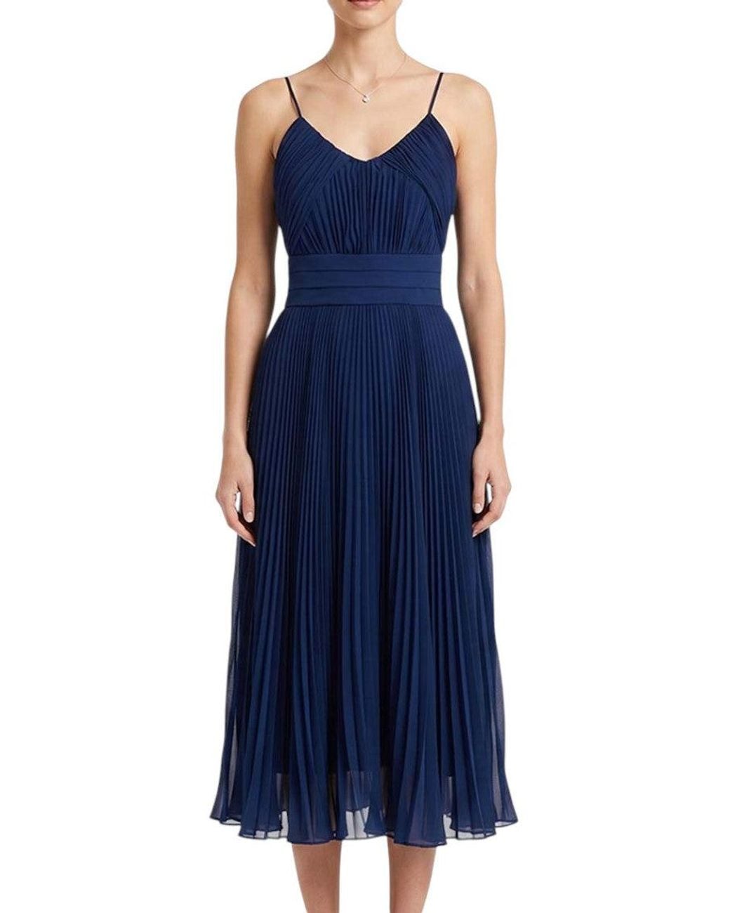 Max Mara Blue Pleated V Neck Midi Dress