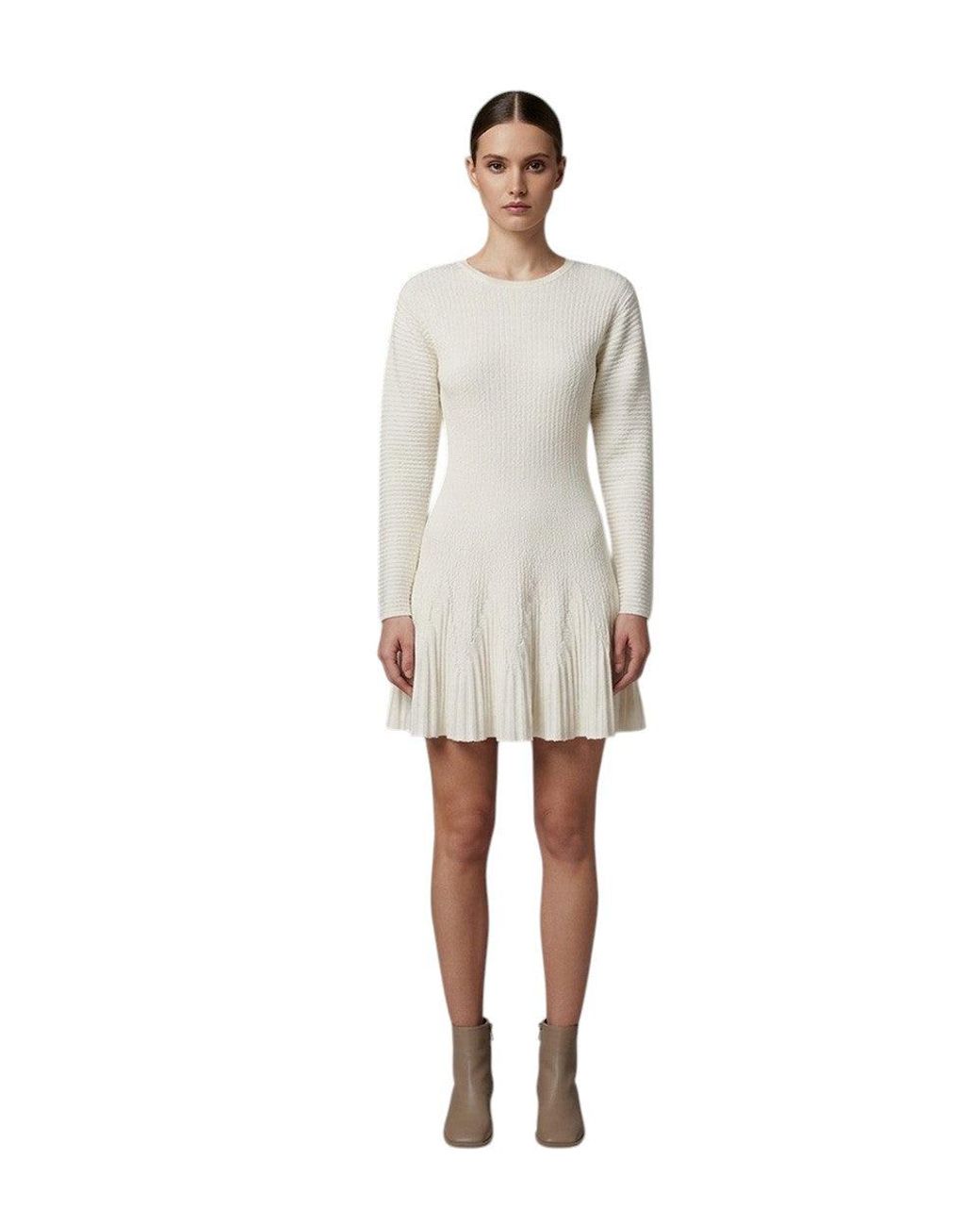 Elisabetta Franchi White Textured Crew Neck Mini Dress