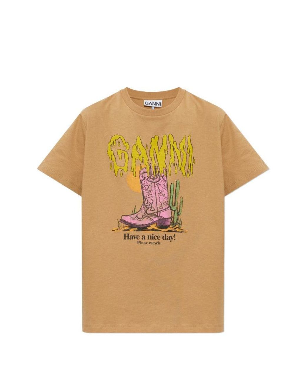 Ganni Natural Graphic Crew Neck T-Shirt