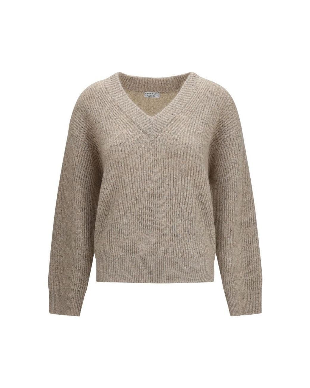 Brunello Cucinelli Natural Knitted V Neck Sweater