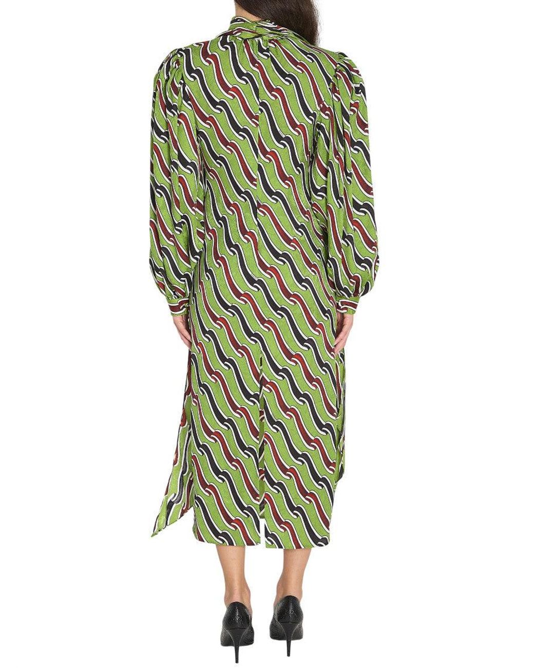 Gucci Green Printed Mock Collar Midi Dress