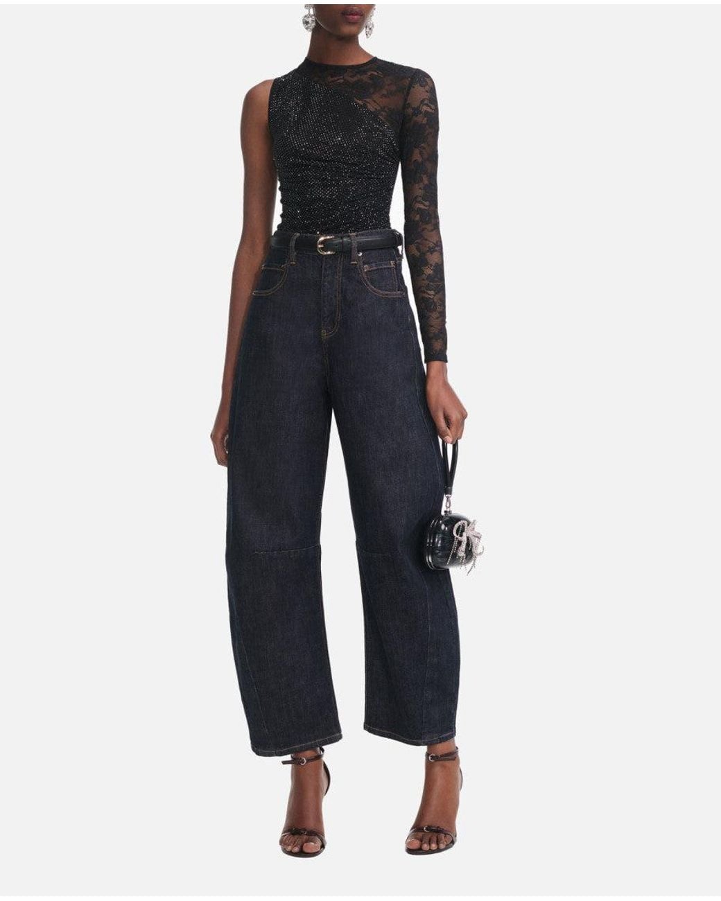 Self-Portrait Black Rhinestone Lace Sleeve Top