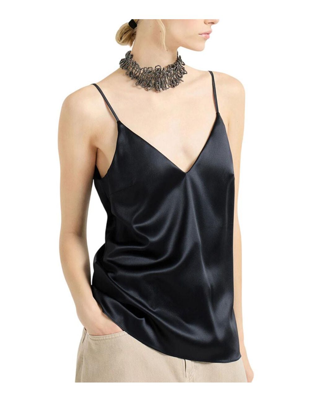 Brunello Cucinelli Black Solid V Neck Top