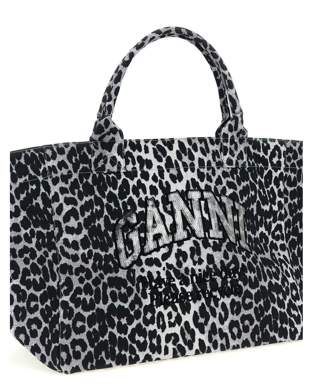 Ganni Black 'Leopard Sequin Xxl Tote' Shopping Bag