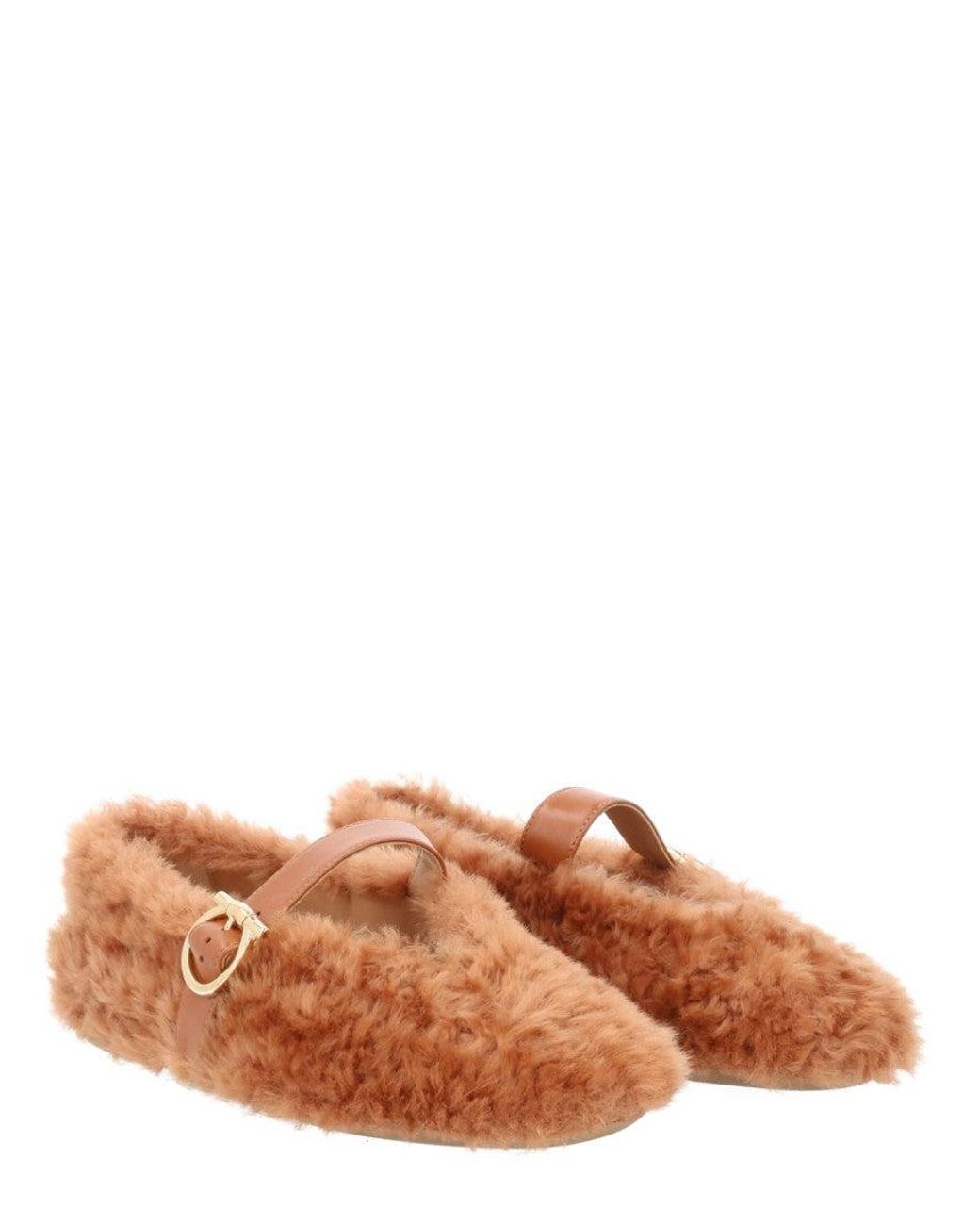 Ferragamo Brown Ballerina Love Ornament Shearling Shoe